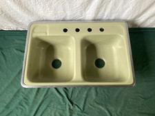 Vtg Cast Iron Avocado Green Porcelain Double Basin Drop In Kitchen Sink 351-25E