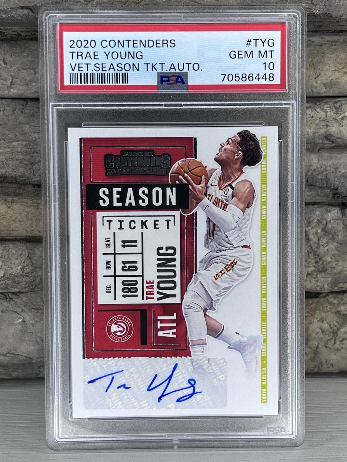 2020-21 Panini Contenders Veteran Ticket Autographs Trae Young #VS-TYG PSA 10 view 1