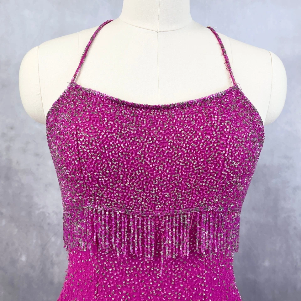 Cassandra Stone Silk Beaded Fringe Gown Size 12 Fuchsia Prom Evening HOCO FLAWED - Image 3 of 4