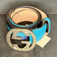 Gucci Blue/Navy Striped Web Belt w/ Gold GG Buckle 80 cm 