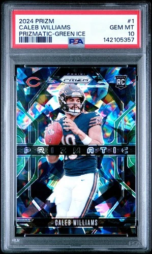 142105357 Caleb Williams 2024 Panini Prizm #1 Green Ice Prizmatic RC PSA 10