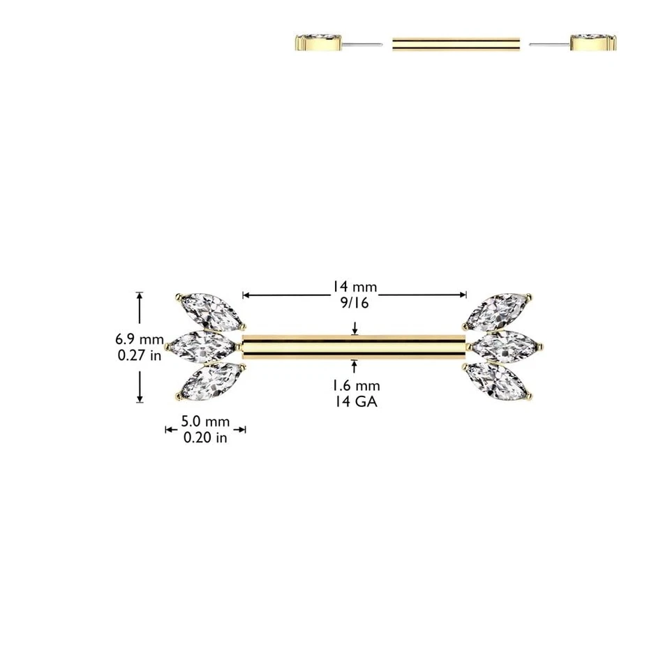 Par de barras de pezón de titanio 14GA ASTM F-136 triple circonita cúbica extremos marquesa Foto 2 de 4