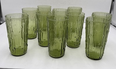 Set of 2 Vintage MCM Bamboo Avocado Green Glass Tumblers