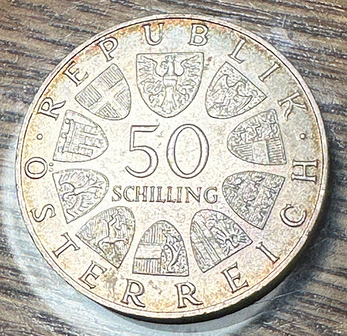1968 .9 Silver Austria 50 Schilling Super Gem BU Peripheral Tone CHRC