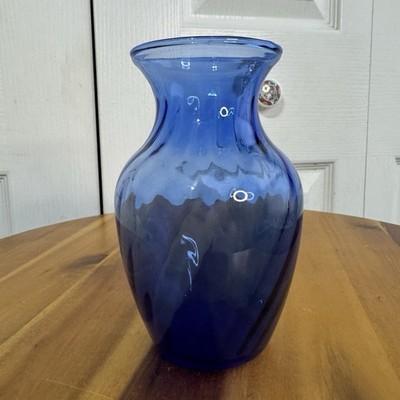 Vintage Indiana Glass Cobalt Blue Illusion Optic Swirl Pattern Flower Vase Gift