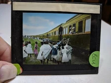 HISTORIC Colored Glass Magic Lantern Slide ECU AFRICA BEGGARS TRAIN RAILROAD
