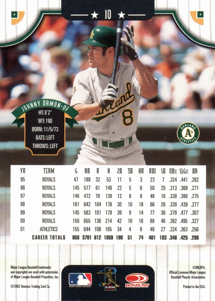 2002 Donruss # 10 Johnny Damon Oakland Athletics - Image 2 of 2