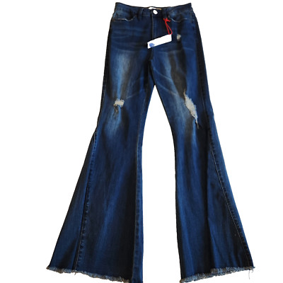 YMI Jeans Juniors 9/29 High Rise Flare Raw Hem Dark Blue Whiskered Stretch Denim