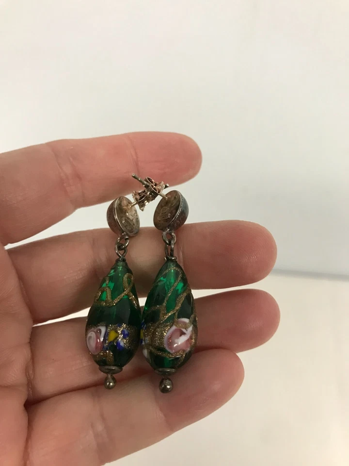 ПОДПИСАННЫЙ MI 925 ПРОБЫ с MILLEFIORI искусства стекла подвеской серьги 1 3/4" - Изображение 3 из 4