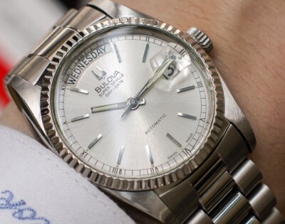Vintage Bulova Super Seville Automatic Day Date White Silver Duble