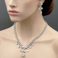 White Gold GP Clear Zirconia CZ Bridal Wedding Necklace Earrings Jewelry Set 11