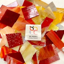 Stained Glass Scrap Pieces Glass Mosaic Tiles (Red, Orange, Yellow) - 1.5 LB