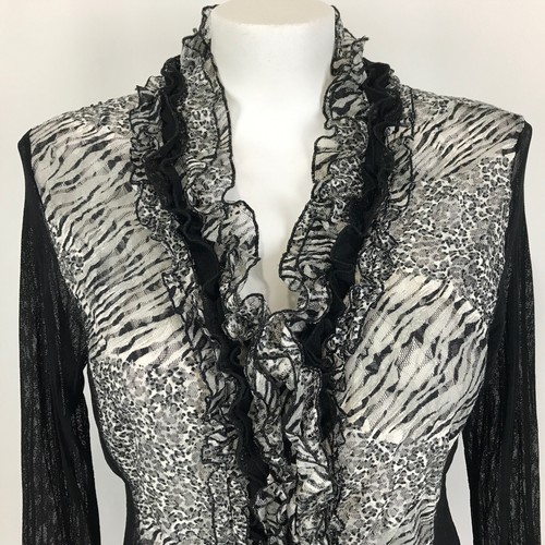 Susan Blake Jacket Black Size 16 White Animal Print Sheer Stretch Mesh Button - Picture 2 of 12