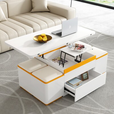 Lift Top Coffee Table Foldable Top Center Cocktail Table with 4 Storage Stools