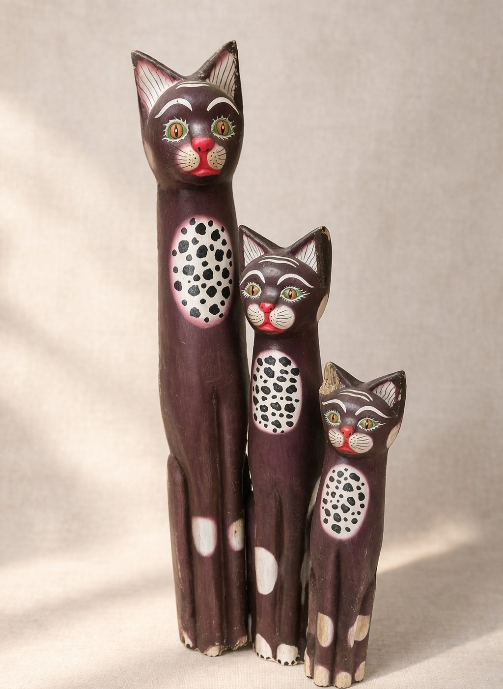 VTG Hand Carved Wood Cat Sculpture Set 3 Folk Art Painted Tall 39.5