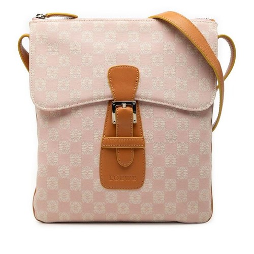 LOEWE Anagram Pink Brown Leather Canvas Shoulder Bag Women Auth