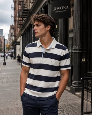Tommy Hilfiger Men's Polo Shirt Navy White Striped Short Sleeve Size L