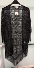 Sheer Black Lace Kimono Cardigan With Fringe Trim SM Whimsigoth Festival Boho