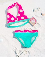Polka Dot Halter Bikini Set Pink  Aqua Girls Swimwear UPF 50 Protection