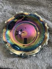 Indiana Glass Vintage Blue Iridescent Carnival Glass Diamond Ruffle Dish Bowl