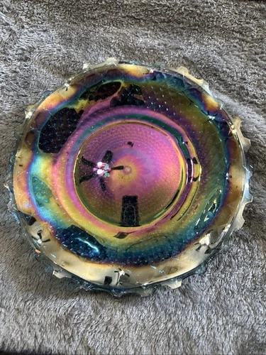 Indiana Glass Vintage Blue Iridescent Carnival Glass Diamond Ruffle Dish Bowl