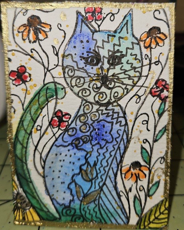 ACEO Art Original Watercolor, 2.5 x 3.5 Funky Feline 