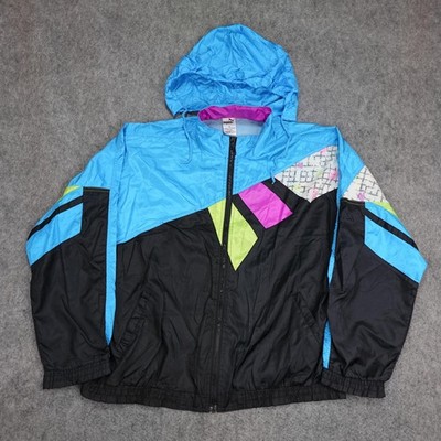Vintage Puma Jacket Men Medium Blue Black Pink Colorblock Hooded Nylon Track 80s