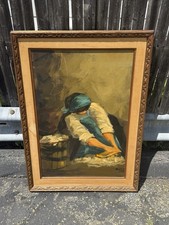 Vintage Hillside Original Oil Painting on Canvas Framed Woman Washing Clothes