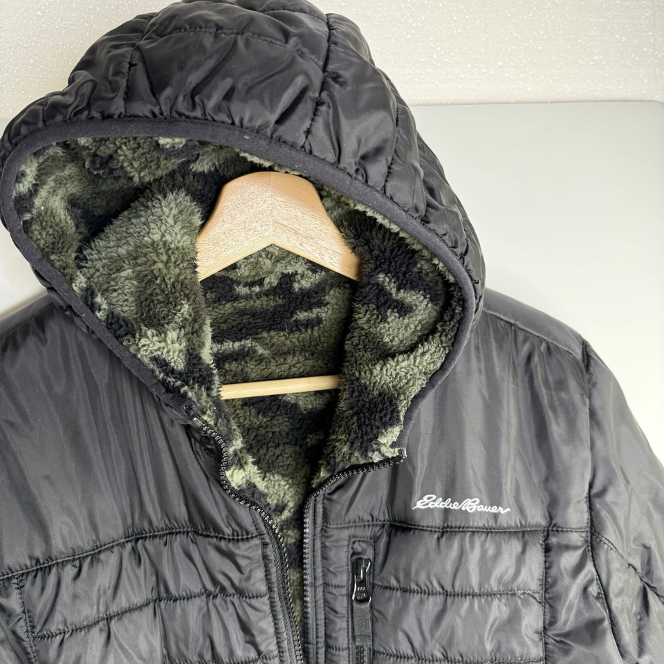 Eddie Bauer Adolescentes Niños Negro Camuflaje Puffer Chaqueta Sudadera con Capucha L 14/16Y Vellón Reversible Foto 4 de 4