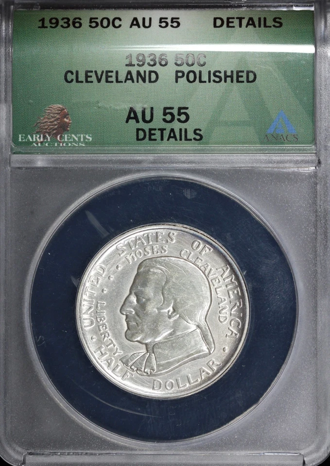 1936 50c Cleveland Silver Commemorative Half Dollar ANACS AU 55 Details Polished - Image 3 of 4
