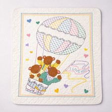 Vtg Handmade Embroidered Baby Quilt Teddy Bear Hot Air Balloon Nursery Keepsake