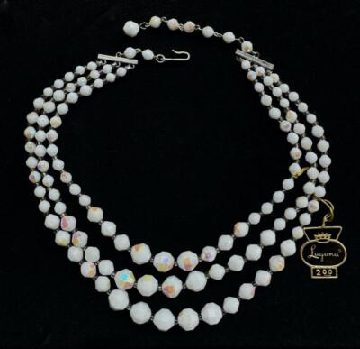 Vintage Triple Strand Laguna White AB Glass Bead Necklace w Original Tag