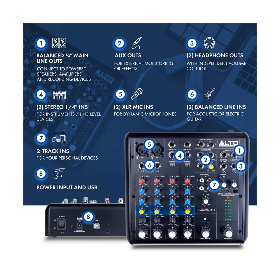 Alto TrueMix 600 Audio Mixer with 2 XLR Mic Ins, USB Audio Interface and Blue... - Image 3 of 4