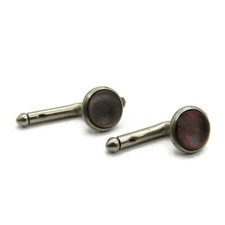 Dark Mother of Pearl Round Shirt Studs Silver Tone Spring Design Jewelry