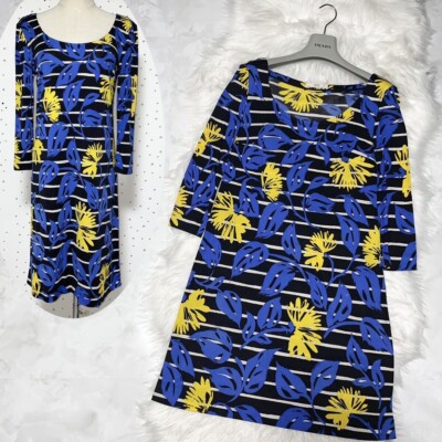 Authentic Prada 100% Silk Border Floral Pattern 3/4 Sleeve Dress 42 black blue