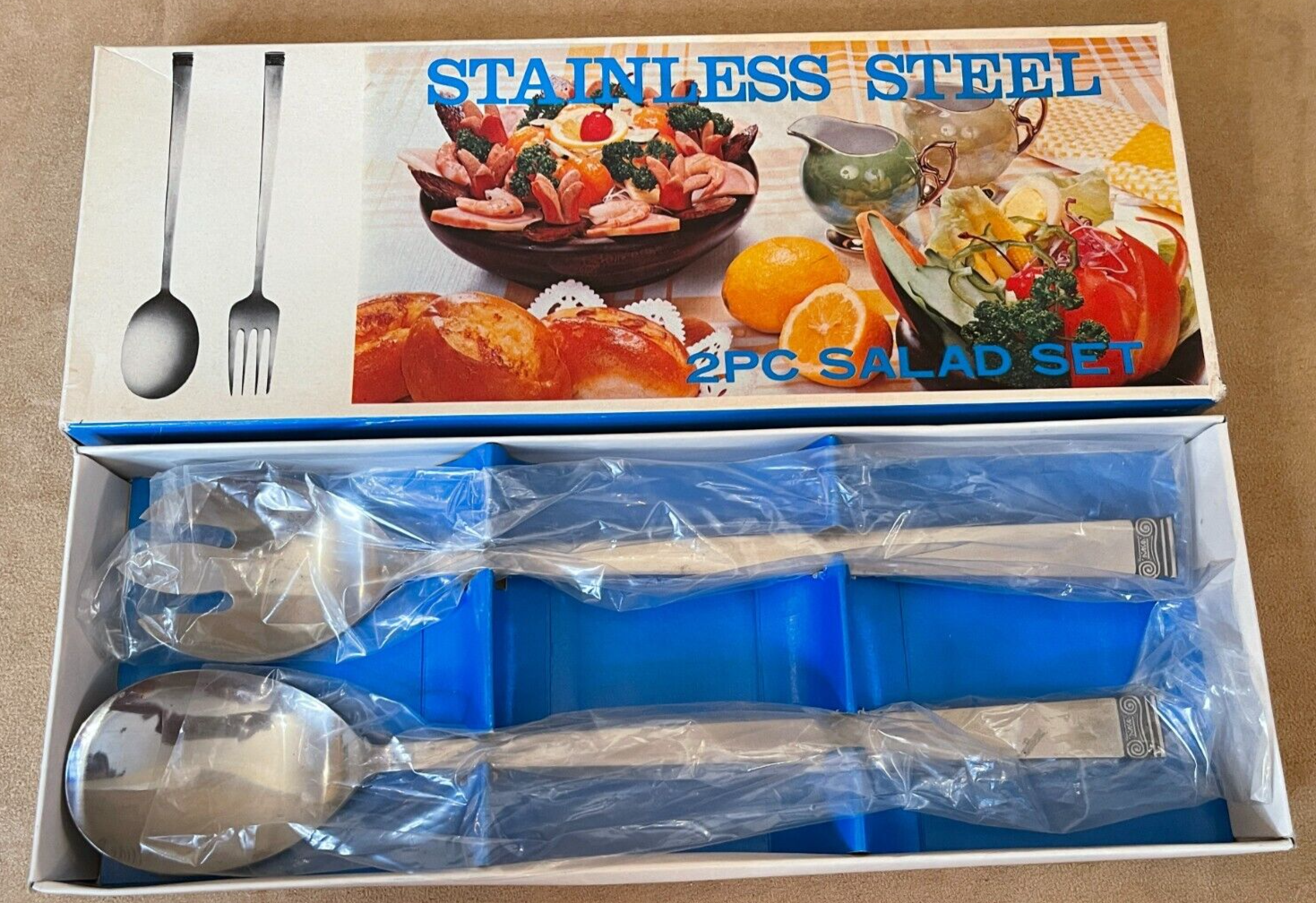 Vintage stainless steel 2 piece salad serving set fork and spoon in box MCM 10