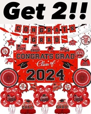 (2 Sets) Red 2024 Graduation Decorations - Congrats Grad Banner & Party Supplies