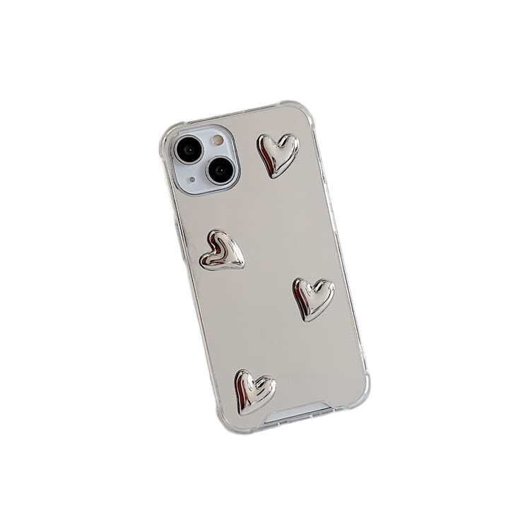 Phone Case For iPhone 15 Pro Max Silicone Clear Hybrid Chrome Silver 3D Hearts