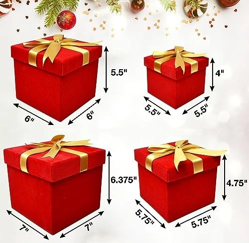  - Christmas Nesting Gift Boxes Square 4 Pack Red Velvet with Gold Ribbon Bow  - Image 3 of 4