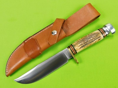 US Marbles Gladstone MI Large Hunting Bowie Stag Handle Knife w/ Sheath