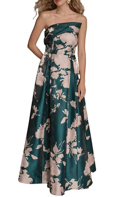 Donna Karan New York Strapless Ball Gown 4 Green Floral Asymmetric Neck Pleated