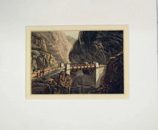 Original Old Antique Print 1850 Hand Coloured View Mountain Bridge Cliffs 19th