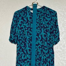 Leslie Fay Vintage Scroll Print Belted Midi Dress Rayon Teal Purple 12P