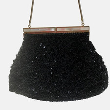 Black Beaded Evening Bag Clutch w/ Mother of Pearl Accents  Sparkle La Regale