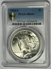 1934 S PEACE DOLLAR PCGS MS 64+ / SHARP WHITE COIN