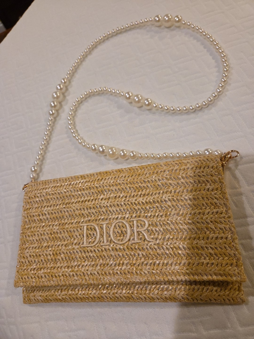 Dior Pearl Chain Straw Clutch with Adjustable Strap