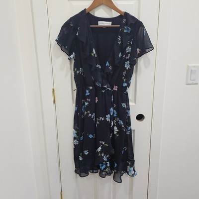 Emma & Michele Navy Blue Floral Ruffle Wrap Dress Short Sleeve Medium 100581M