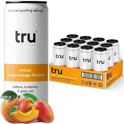Tru Energy Seltzer Orange Mango 12oz 12 Pack Natural Caffeine Sparkling Drink