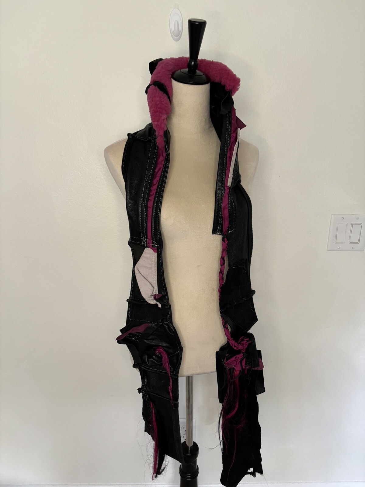 Edgy Goth Punk Scarf in Leather Suede Faux Fur with Abstract Grunge Art-image