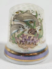 Vintage San Diego California Dolphins Souvenir Thimble Gold Trim Irridescent 